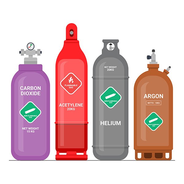 Industrial gas cylinders including carbon dioxide, acetylene, helium, and argon